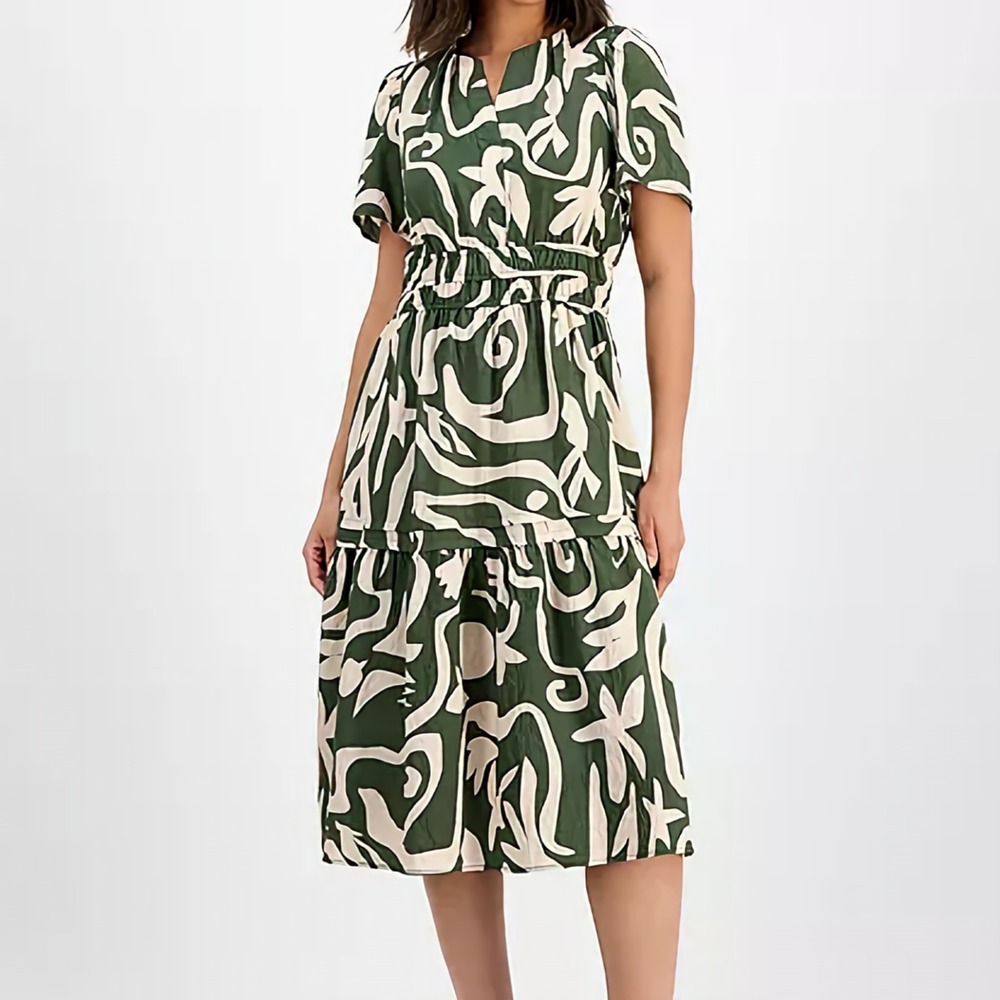 Signature‎ Robbie Bee Printed Smocked Waist Midi Olive Green Dress Womens Size M
